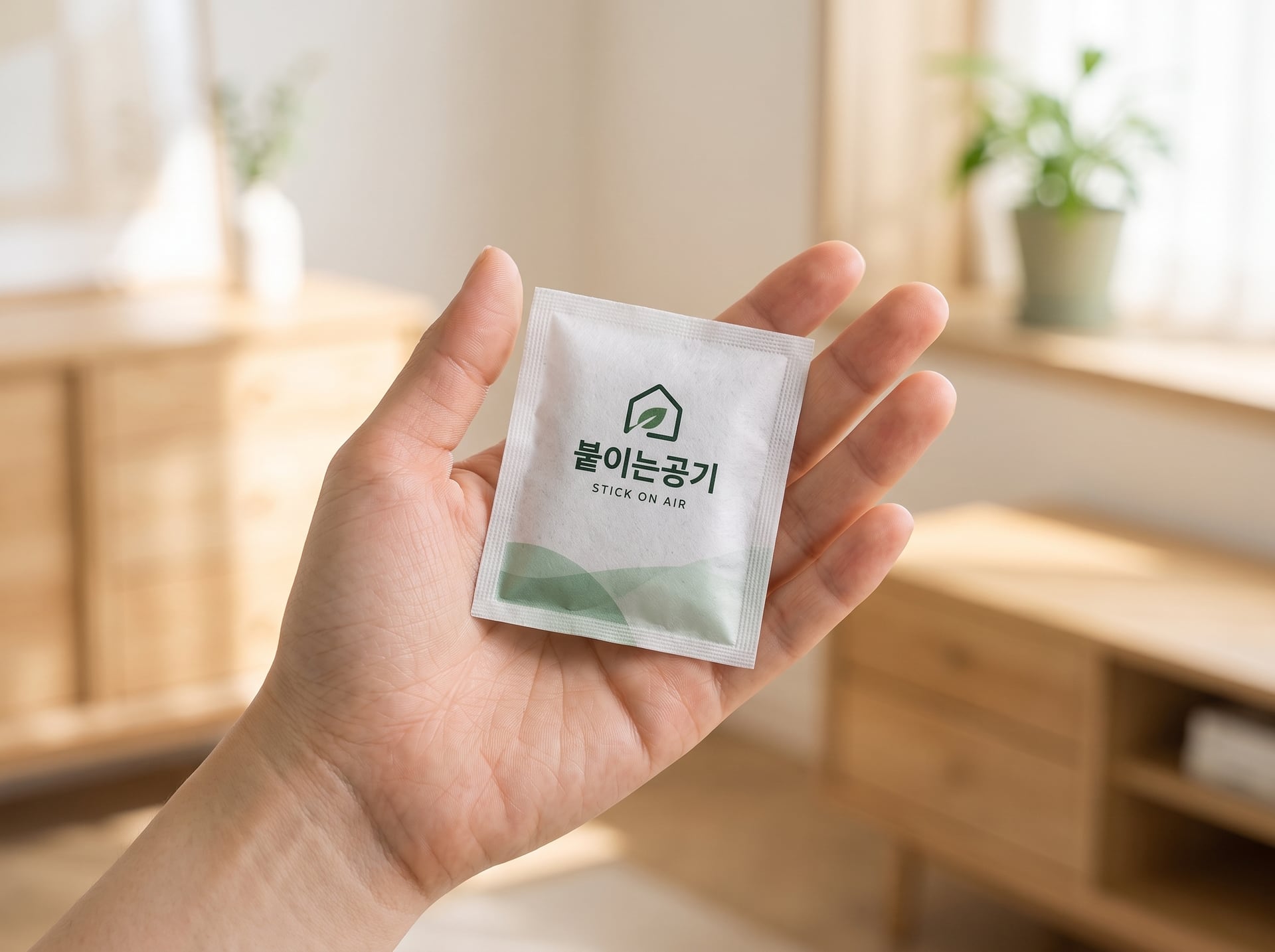 손바닥 위에 올린 붙이는공기 파우치 — 연출 이미지